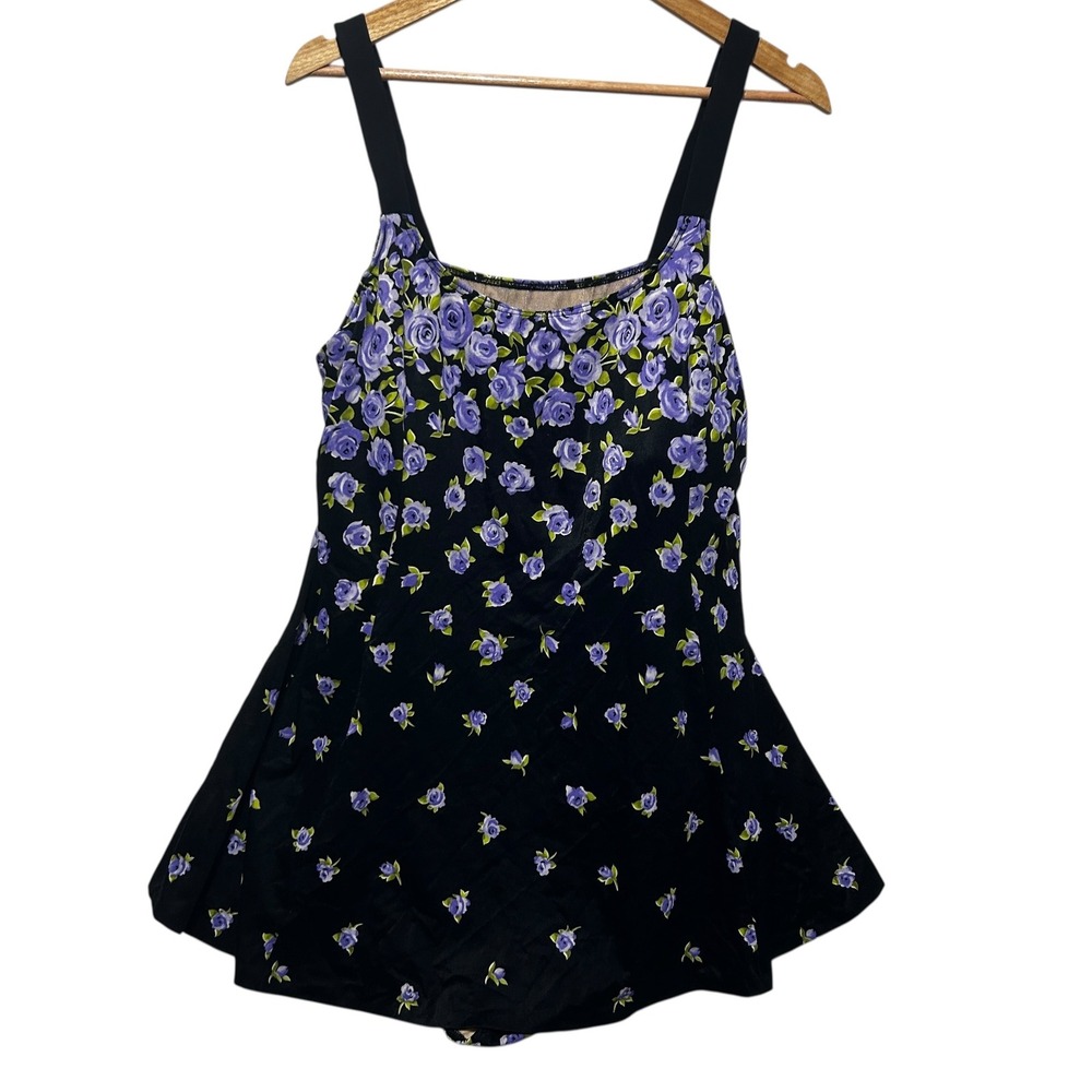 It Figures Womens 22W One Piece Swim Dress Purple Floral Ruched Slimming‎ Tummy